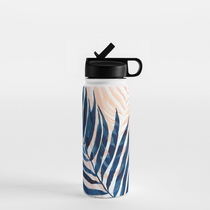 Palm tree, coastal watercolor, pink navy Water Bottle Gallery Image 1
