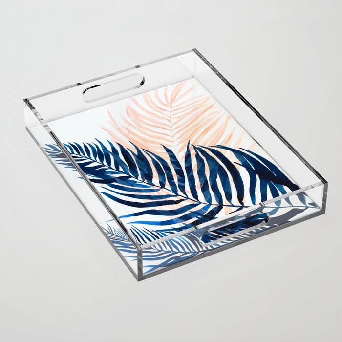 Palm tree, coastal watercolor, pink navy Acrylic Tray Gallery Image 1