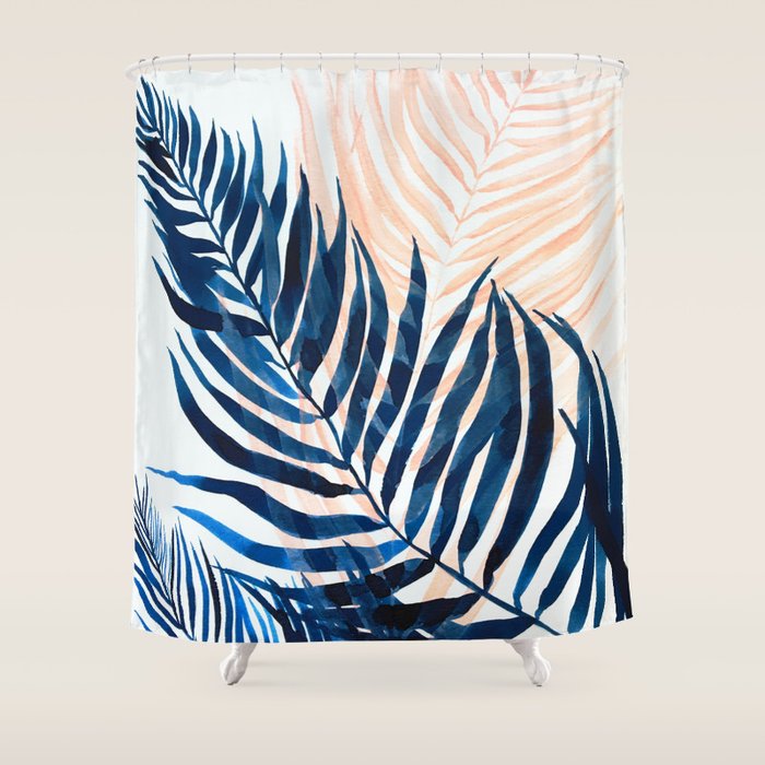 Palm tree, coastal watercolor, pink navy Shower Curtain Gallery Image 1