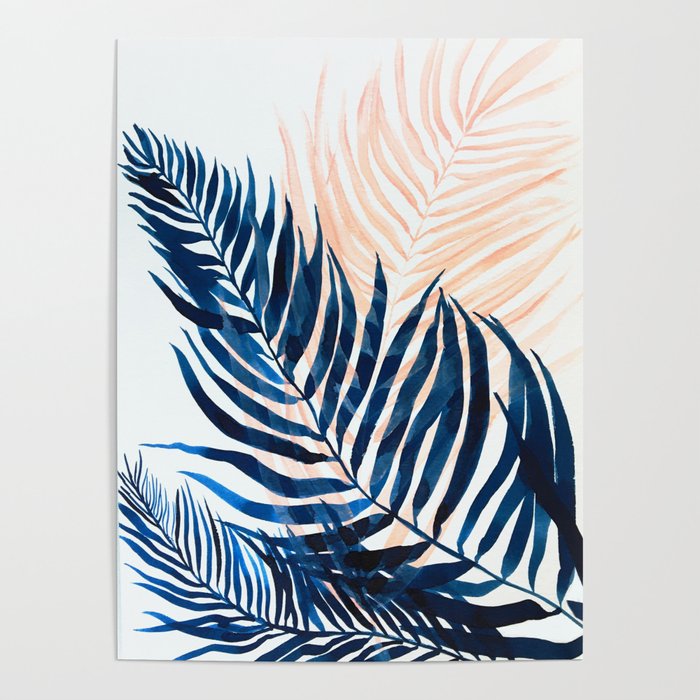 Palm tree, coastal watercolor, pink navy Poster Gallery Image 1