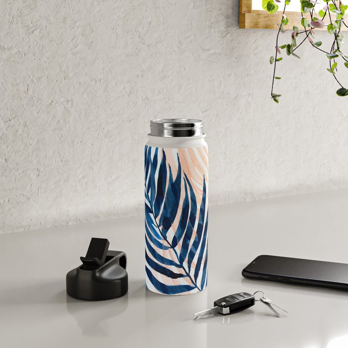 Palm tree, coastal watercolor, pink navy Water Bottle Gallery Image 4