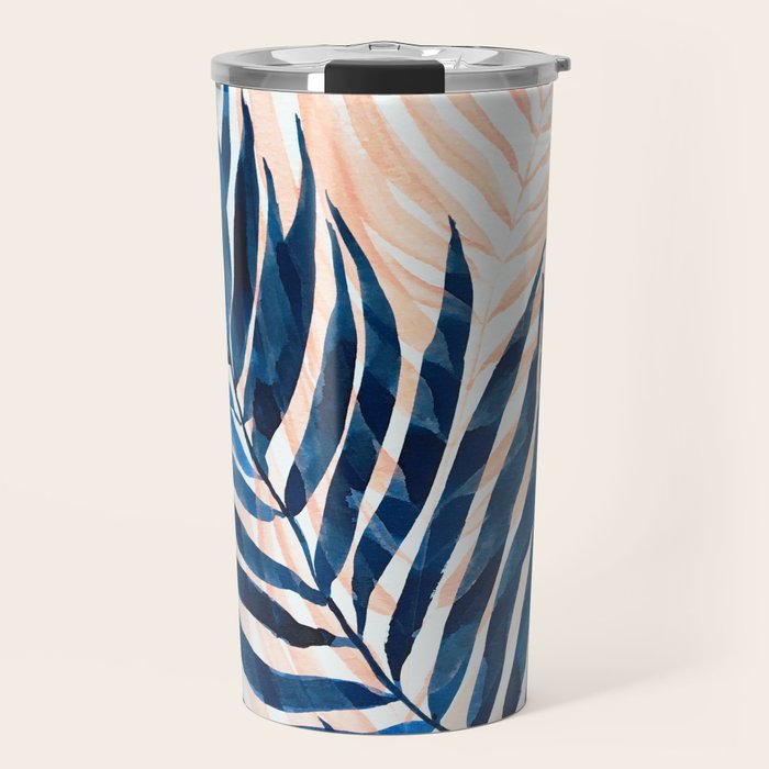 Palm tree, coastal watercolor, pink navy Travel Mug Gallery Image 1