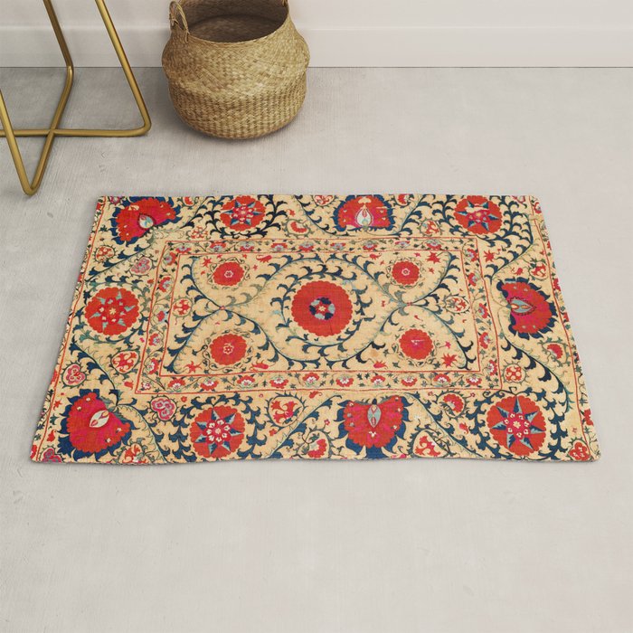 Samarkand Suzani Bokhara Uzbekistan Floral Embroidery Print Rug Gallery Image 1