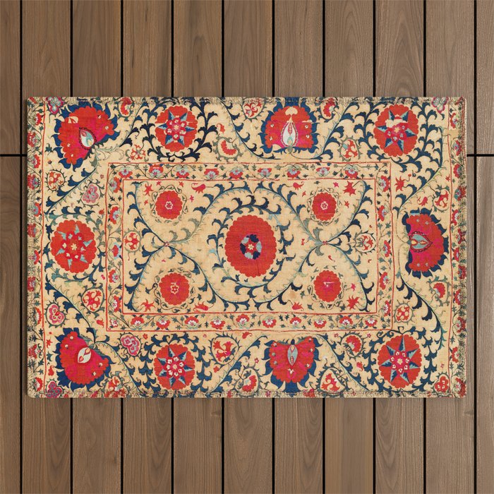 Samarkand Suzani Bokhara Uzbekistan Floral Embroidery Print Outdoor Rug Gallery Image 1