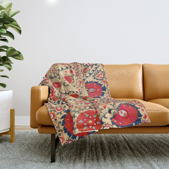 Samarkand Suzani Bokhara Uzbekistan Floral Embroidery Print Throw Blanket Gallery Image 1