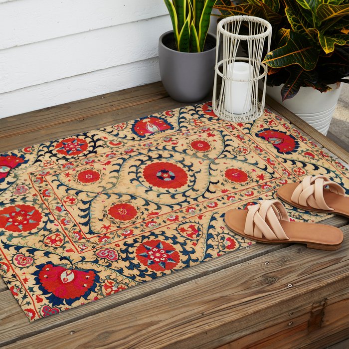 Samarkand Suzani Bokhara Uzbekistan Floral Embroidery Print Outdoor Rug Gallery Image 2