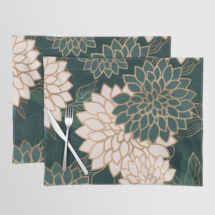 Floral Aesthetic in Dark Teal Green, Ivory and Gold Placemat Gallery Image 1