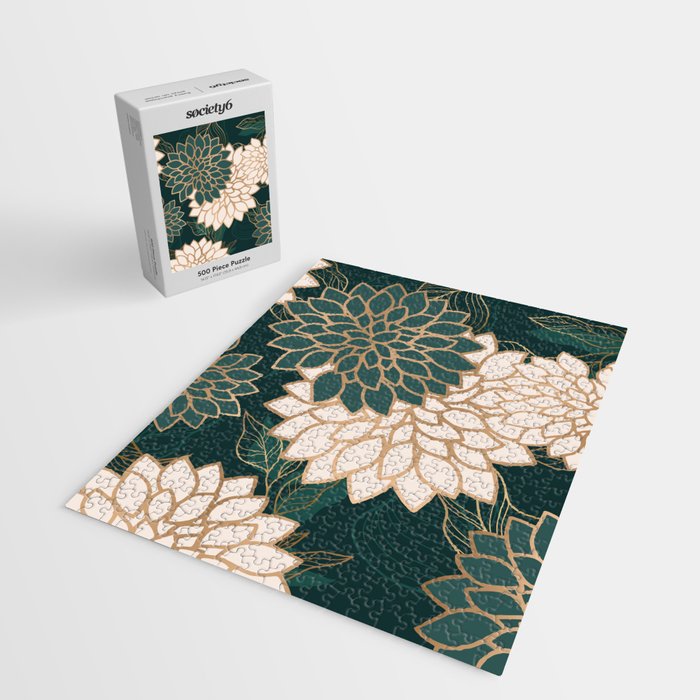 Floral Aesthetic in Dark Teal Green, Ivory and Gold Jigsaw Puzzle Gallery Image 2