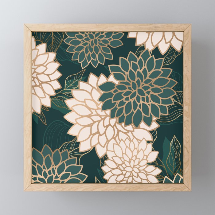 Floral Aesthetic in Dark Teal Green, Ivory and Gold Mini Art Print Gallery Image 1