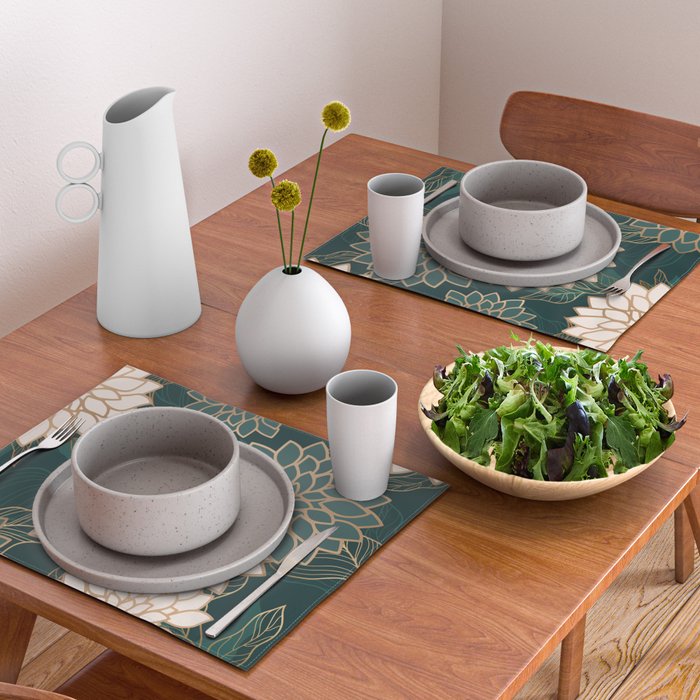 Floral Aesthetic in Dark Teal Green, Ivory and Gold Placemat Gallery Image 2