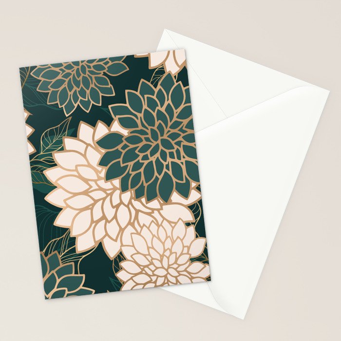 Floral Aesthetic in Dark Teal Green, Ivory and Gold Stationery Card Gallery Image 2