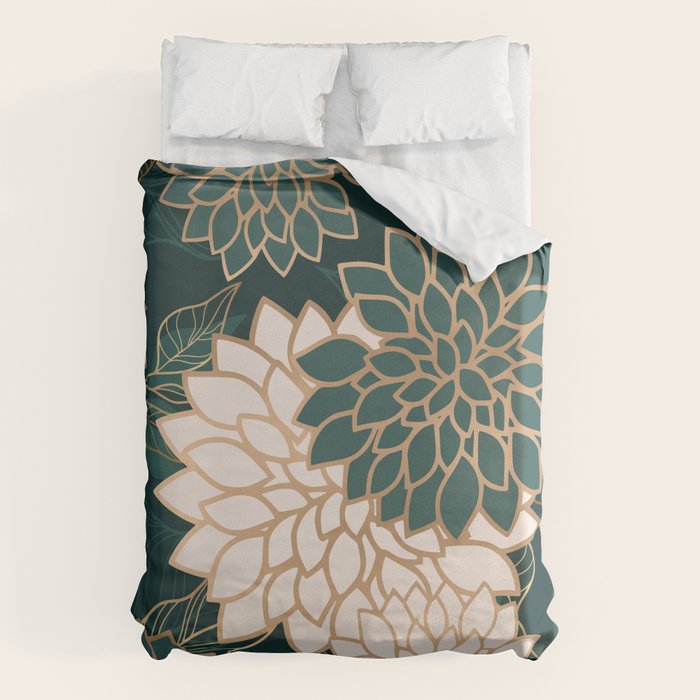Floral Aesthetic in Dark Teal Green, Ivory and Gold Duvet Cover Gallery Image 1
