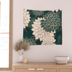 Floral Aesthetic in Dark Teal Green, Ivory and Gold Wall Tapestry Gallery Image 2