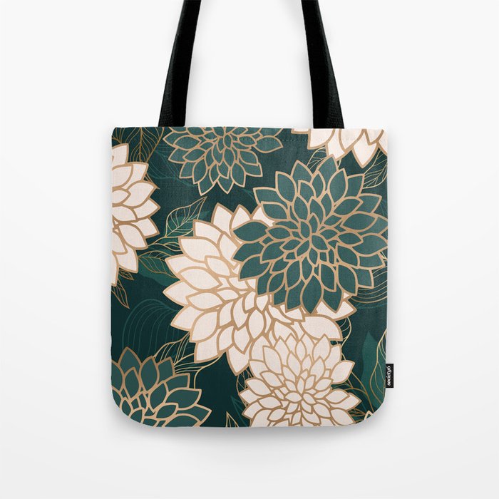 Floral Aesthetic in Dark Teal Green, Ivory and Gold Tote Bag Gallery Image 1