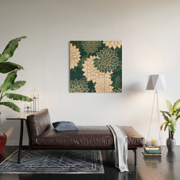 Floral Aesthetic in Dark Teal Green, Ivory and Gold Wood Wall Art Gallery Image 2
