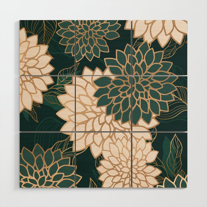 Floral Aesthetic in Dark Teal Green, Ivory and Gold Wood Wall Art Gallery Image 1