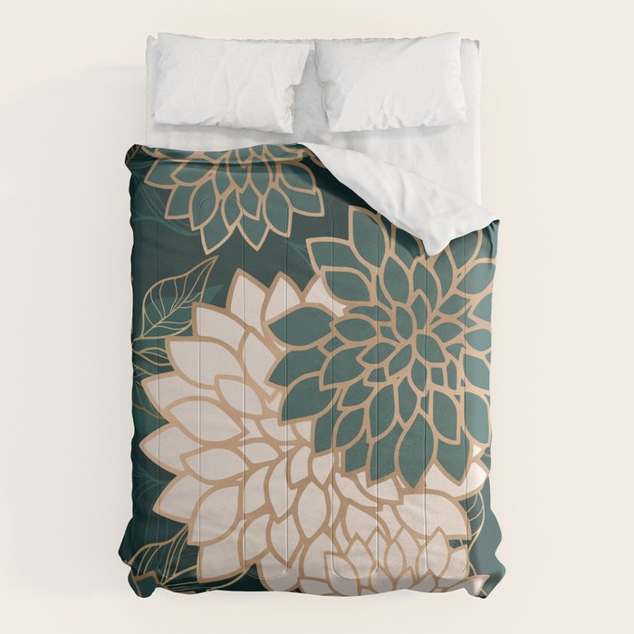 Floral Aesthetic in Dark Teal Green, Ivory and Gold Comforter Gallery Image 6