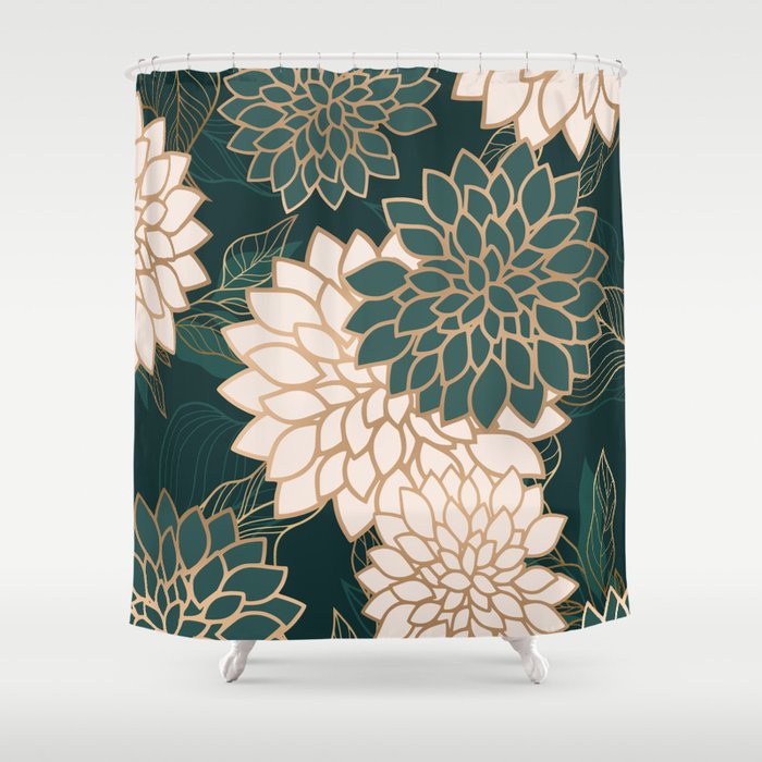 Floral Aesthetic in Dark Teal Green, Ivory and Gold Shower Curtain Gallery Image 1