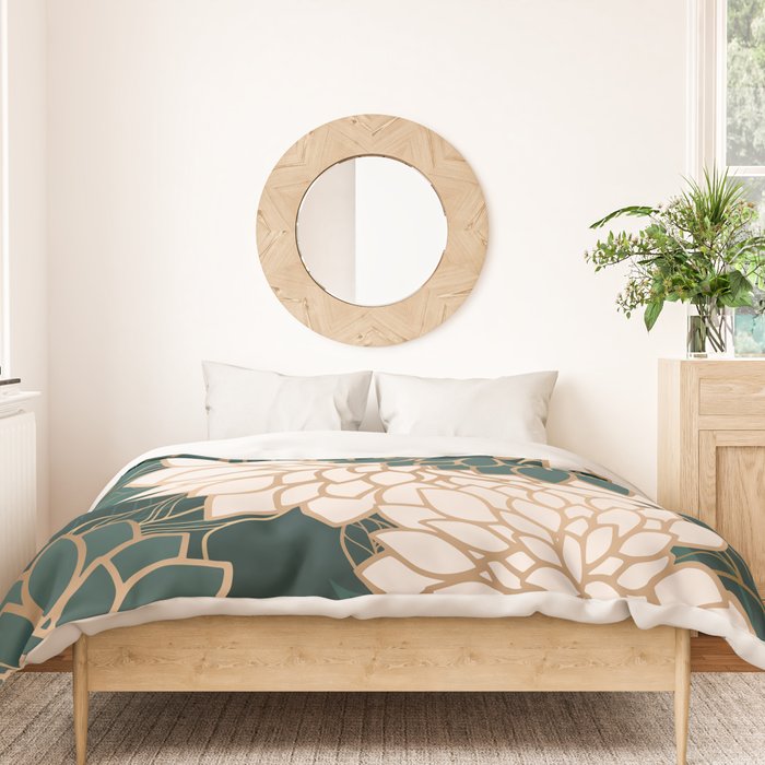 Floral Aesthetic in Dark Teal Green, Ivory and Gold Duvet Cover Gallery Image 3