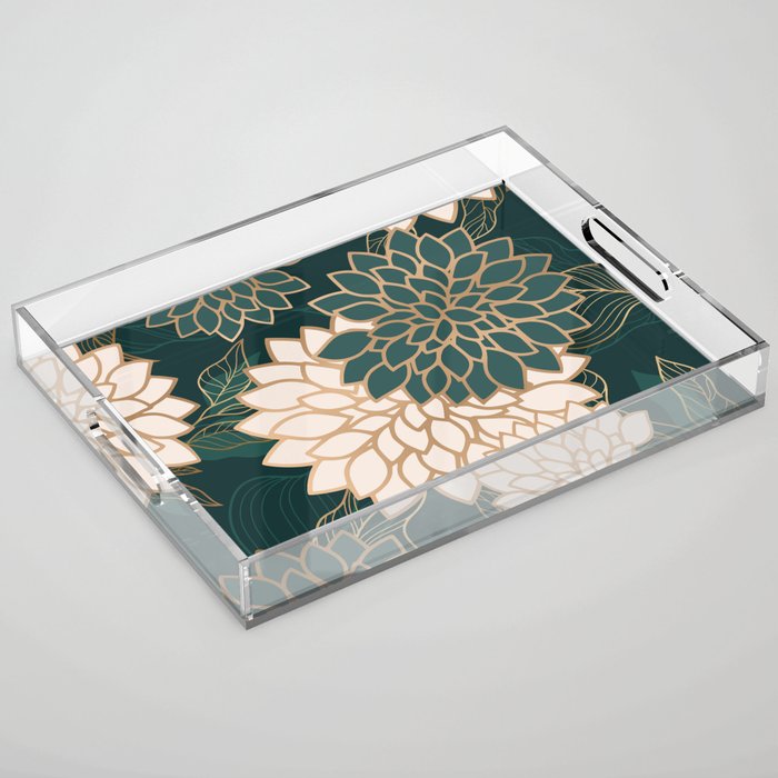 Floral Aesthetic in Dark Teal Green, Ivory and Gold Acrylic Tray Gallery Image 1