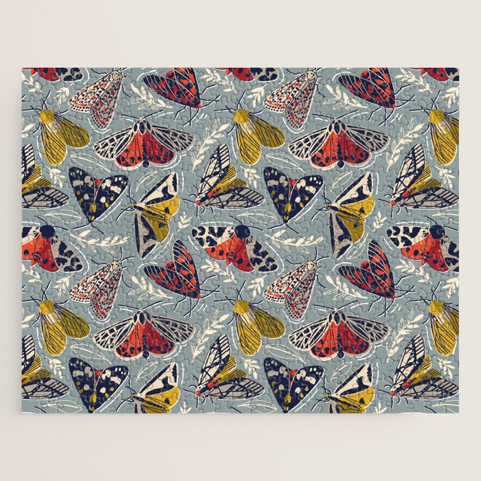 Quirky beautiful moths // morning blue textured background oxford navy blue ivory yellow and red tiger moth insects Jigsaw Puzzle Gallery Image 1