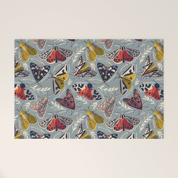 Quirky beautiful moths // morning blue textured background oxford navy blue ivory yellow and red tiger moth insects Welcome Mat Gallery Image 1