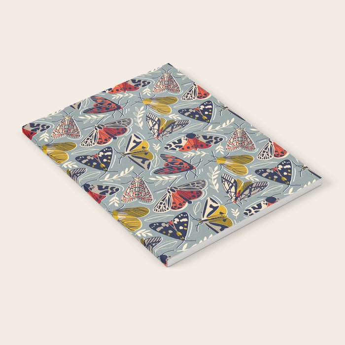 Quirky beautiful moths // morning blue textured background oxford navy blue ivory yellow and red tiger moth insects Notebook Gallery Image 2