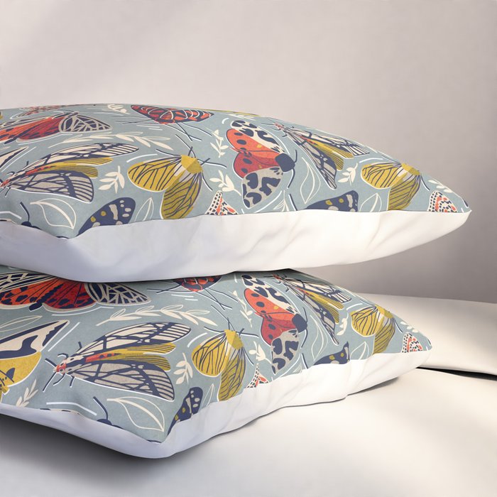Quirky beautiful moths // morning blue textured background oxford navy blue ivory yellow and red tiger moth insects Pillow Sham Gallery Image 3