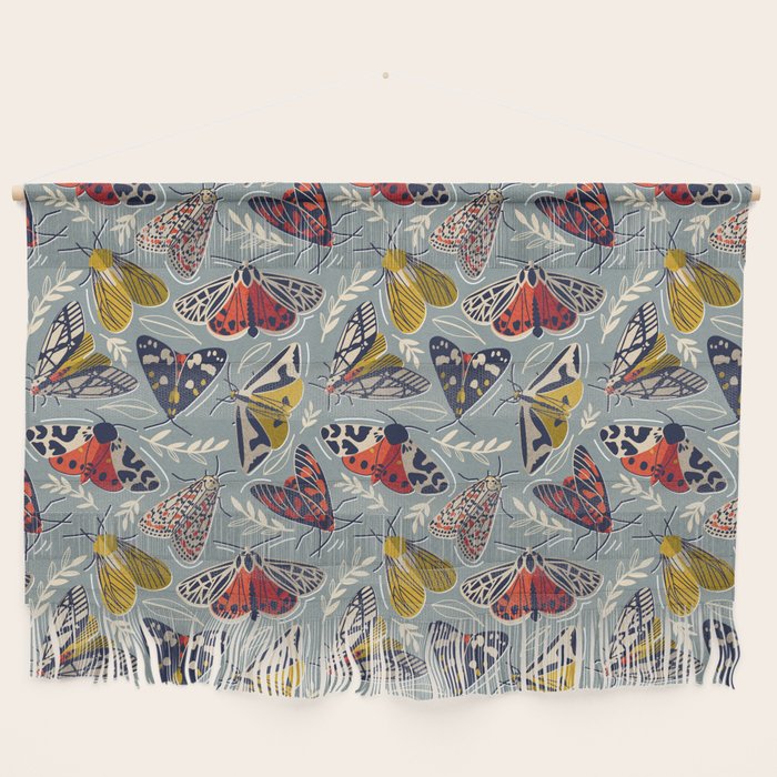 Quirky beautiful moths // morning blue textured background oxford navy blue ivory yellow and red tiger moth insects Wall Hanging Gallery Image 1