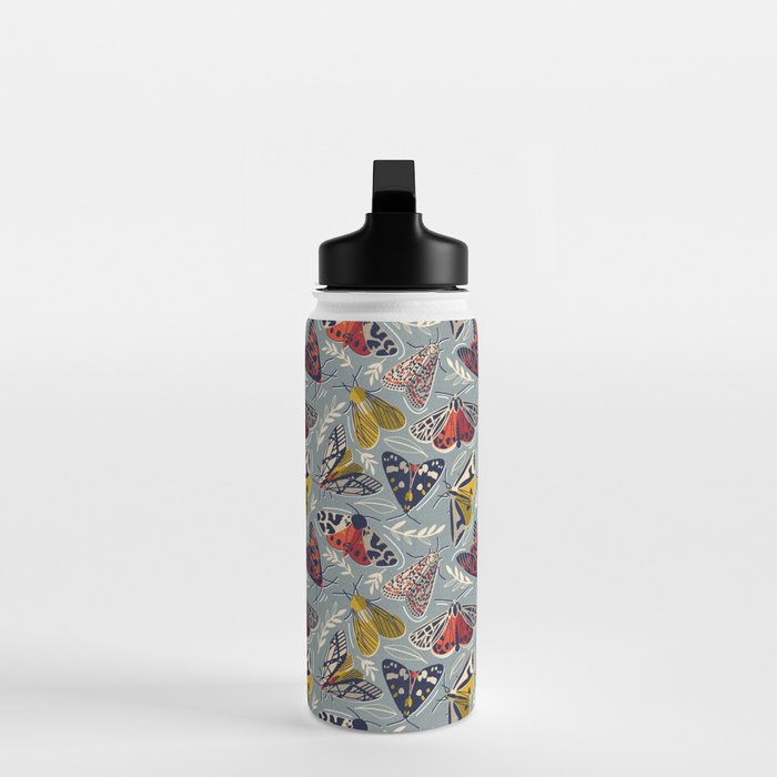 Quirky beautiful moths // morning blue textured background oxford navy blue ivory yellow and red tiger moth insects Water Bottle Gallery Image 3