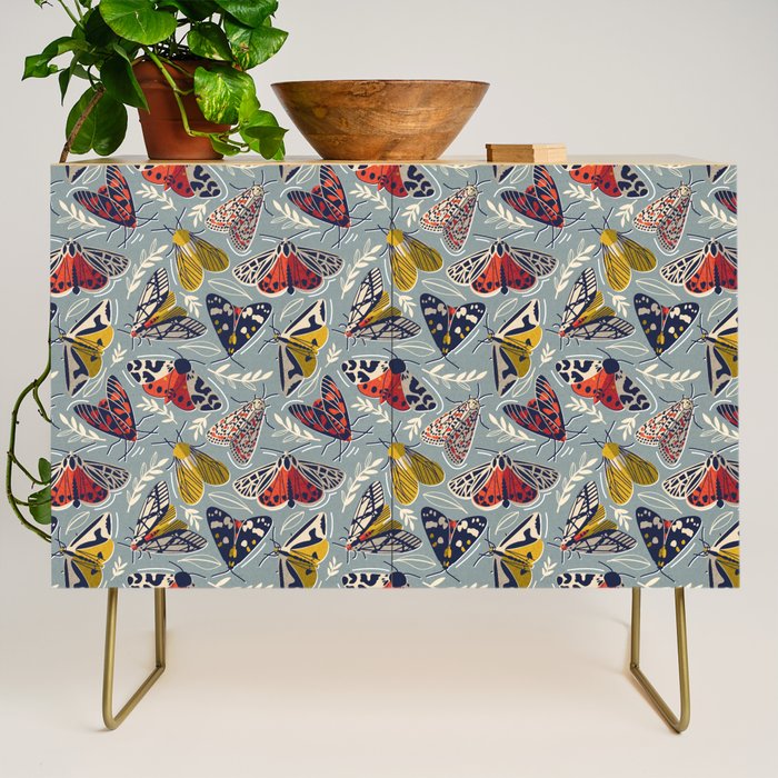 Quirky beautiful moths // morning blue textured background oxford navy blue ivory yellow and red tiger moth insects Credenza Gallery Image 1