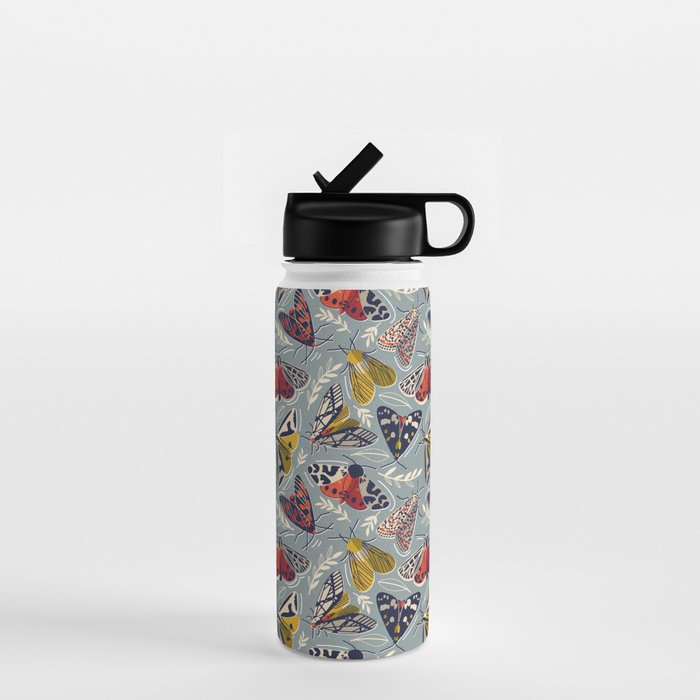 Quirky beautiful moths // morning blue textured background oxford navy blue ivory yellow and red tiger moth insects Water Bottle