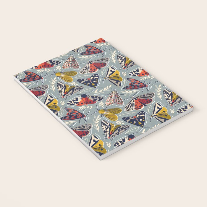 Quirky beautiful moths // morning blue textured background oxford navy blue ivory yellow and red tiger moth insects Notebook Gallery Image 3