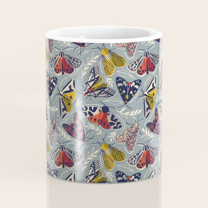 Quirky beautiful moths // morning blue textured background oxford navy blue ivory yellow and red tiger moth insects Coffee Mug Gallery Image 4
