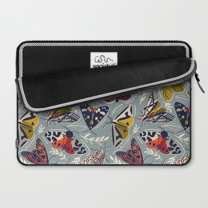 Quirky beautiful moths // morning blue textured background oxford navy blue ivory yellow and red tiger moth insects Laptop Sleeve Gallery Image 2