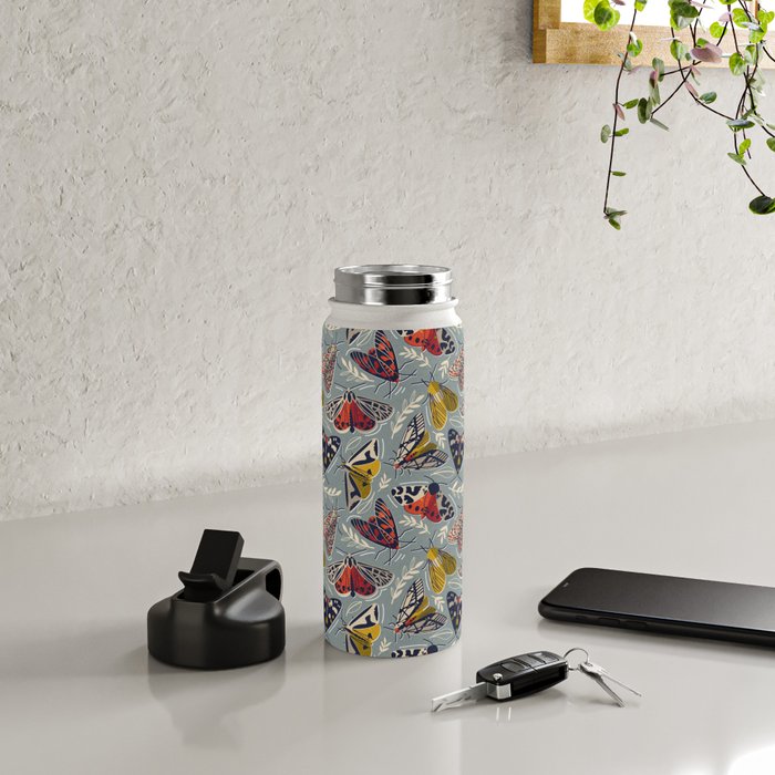 Quirky beautiful moths // morning blue textured background oxford navy blue ivory yellow and red tiger moth insects Water Bottle Gallery Image 4