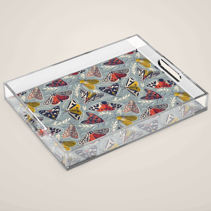 Quirky beautiful moths // morning blue textured background oxford navy blue ivory yellow and red tiger moth insects Acrylic Tray Gallery Image 1