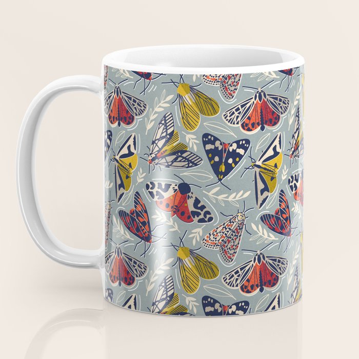 Quirky beautiful moths // morning blue textured background oxford navy blue ivory yellow and red tiger moth insects Coffee Mug Gallery Image 3