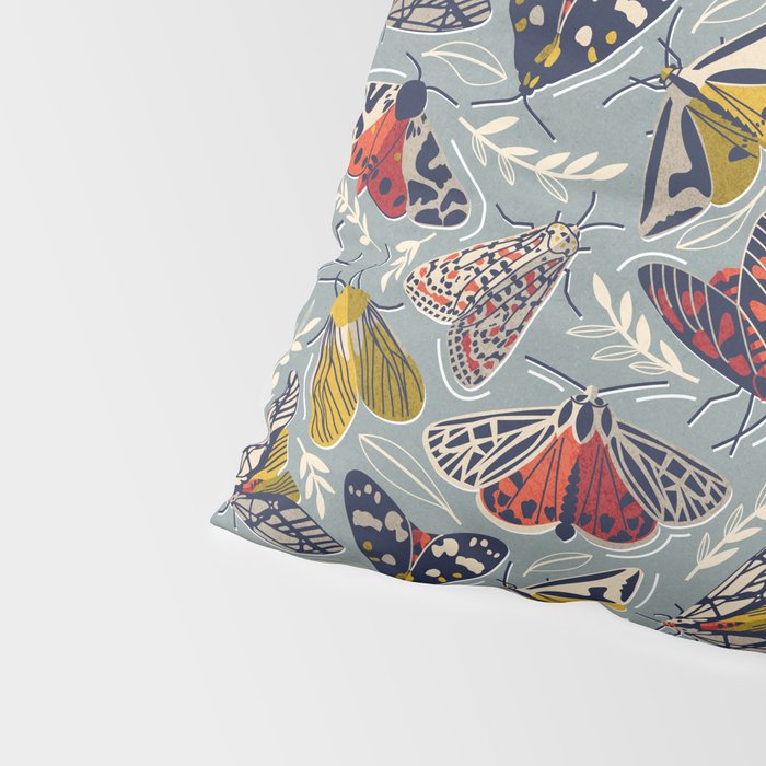 Quirky beautiful moths // morning blue textured background oxford navy blue ivory yellow and red tiger moth insects Pillow Sham Gallery Image 4