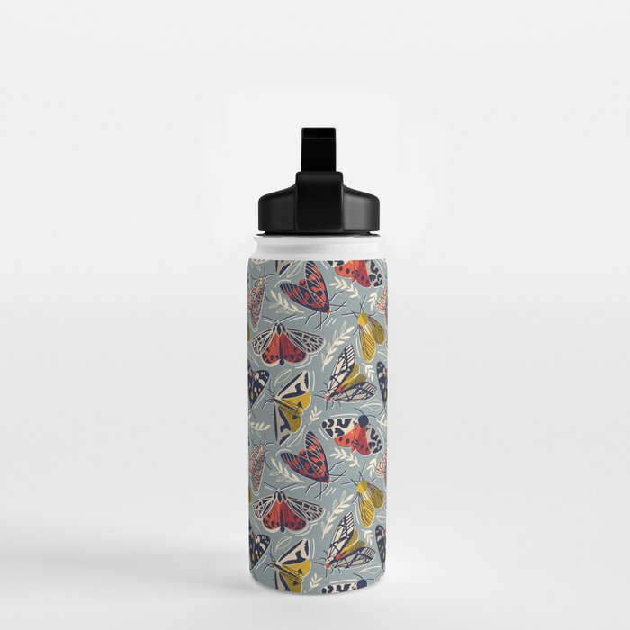 Quirky beautiful moths // morning blue textured background oxford navy blue ivory yellow and red tiger moth insects Water Bottle Gallery Image 2