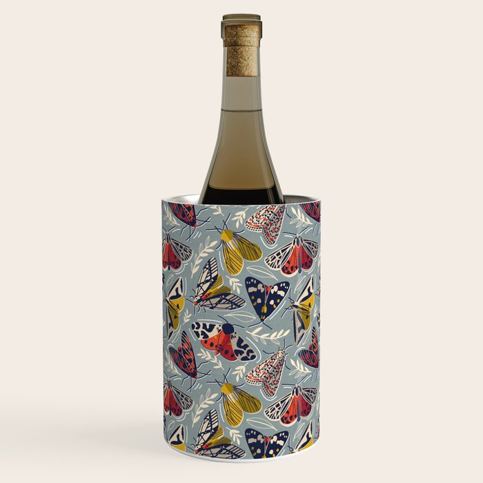 Quirky beautiful moths // morning blue textured background oxford navy blue ivory yellow and red tiger moth insects Wine Chiller Gallery Image 2