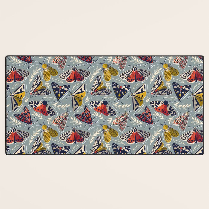 Quirky beautiful moths // morning blue textured background oxford navy blue ivory yellow and red tiger moth insects Desk Mat Gallery Image 3