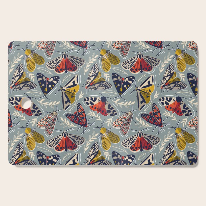 Quirky beautiful moths // morning blue textured background oxford navy blue ivory yellow and red tiger moth insects Cutting Board Gallery Image 1