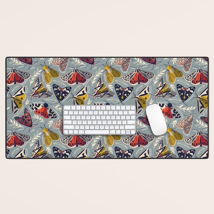 Quirky beautiful moths // morning blue textured background oxford navy blue ivory yellow and red tiger moth insects Desk Mat Gallery Image 1