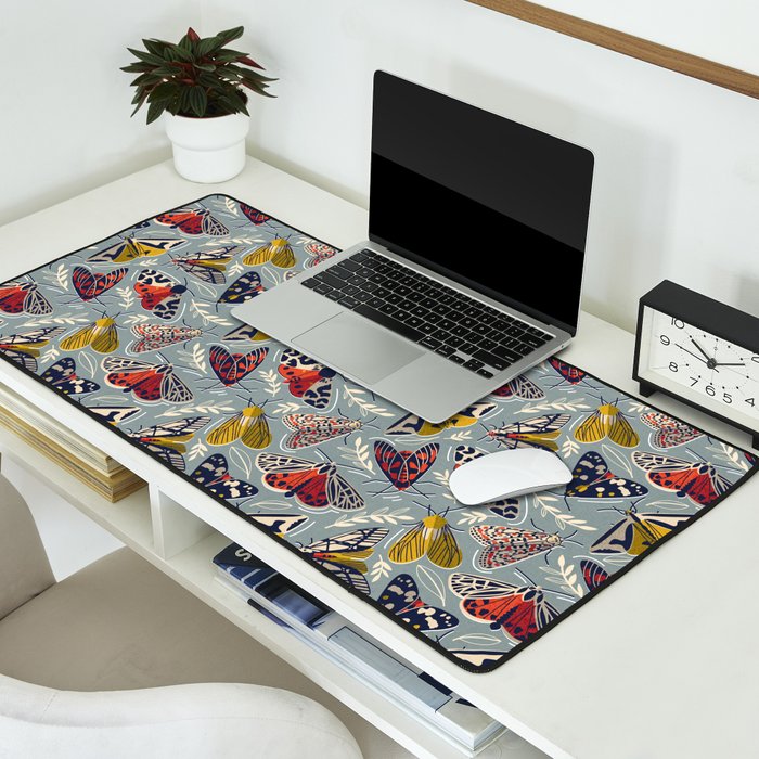 Quirky beautiful moths // morning blue textured background oxford navy blue ivory yellow and red tiger moth insects Desk Mat Gallery Image 2