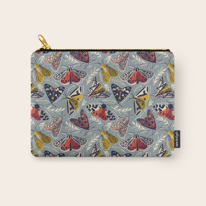 Quirky beautiful moths // morning blue textured background oxford navy blue ivory yellow and red tiger moth insects Carry All Pouch Gallery Image 1