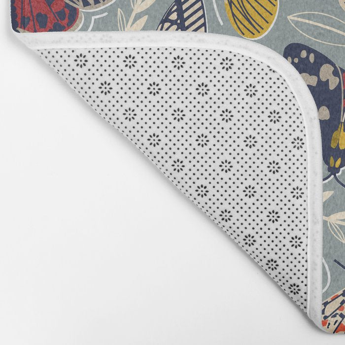 Quirky beautiful moths // morning blue textured background oxford navy blue ivory yellow and red tiger moth insects Bath Mat Gallery Image 2
