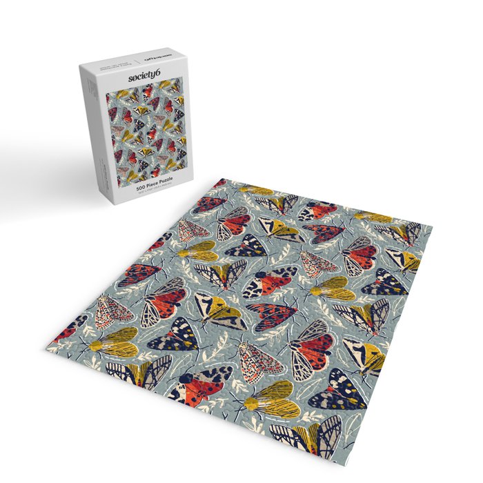 Quirky beautiful moths // morning blue textured background oxford navy blue ivory yellow and red tiger moth insects Jigsaw Puzzle Gallery Image 2