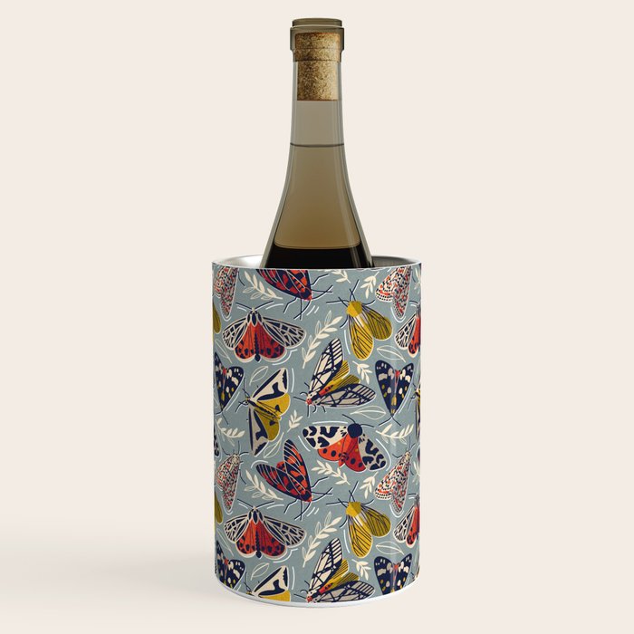 Quirky beautiful moths // morning blue textured background oxford navy blue ivory yellow and red tiger moth insects Wine Chiller Gallery Image 3