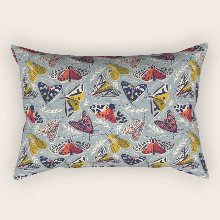 Quirky beautiful moths // morning blue textured background oxford navy blue ivory yellow and red tiger moth insects Rectangular Pillow Gallery Image 1
